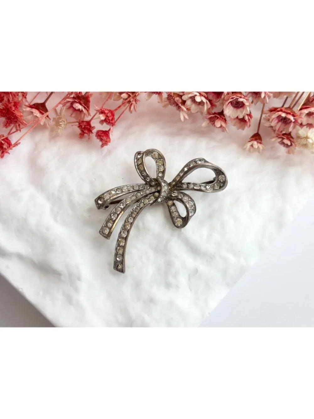 Ribboned Bow Rhinestone Accented Sterling Silver 925 Vintage Brooch | Lapel Pin